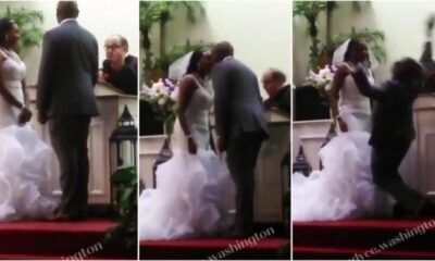 Groom falls under anointing after kissing bride at their wedding ceremony