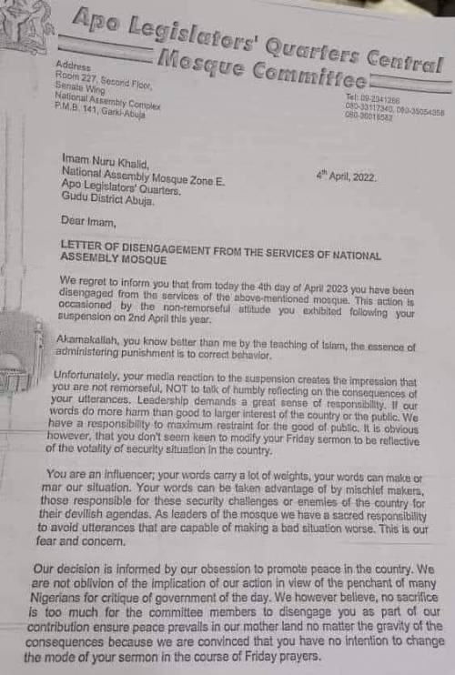 Abuja Chief Imam Sacked For Criticising Buhari (See Letter)