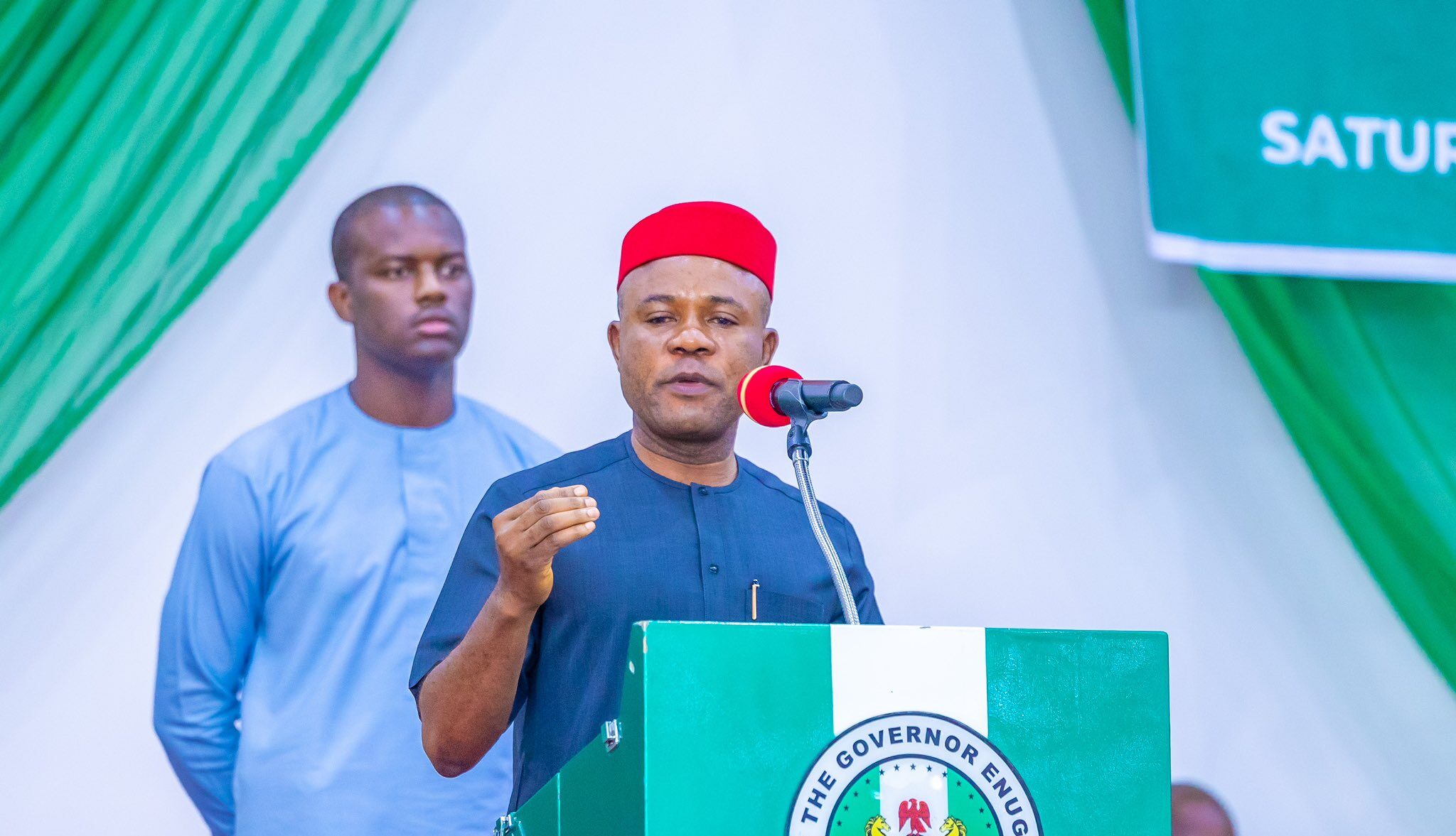 Governor Peter Mbah of Enugu State at Saturdays town hall meeting e1686423720151