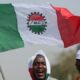 A protester waves a flag of the National Labour Congress NLC during a protest in Abuja
